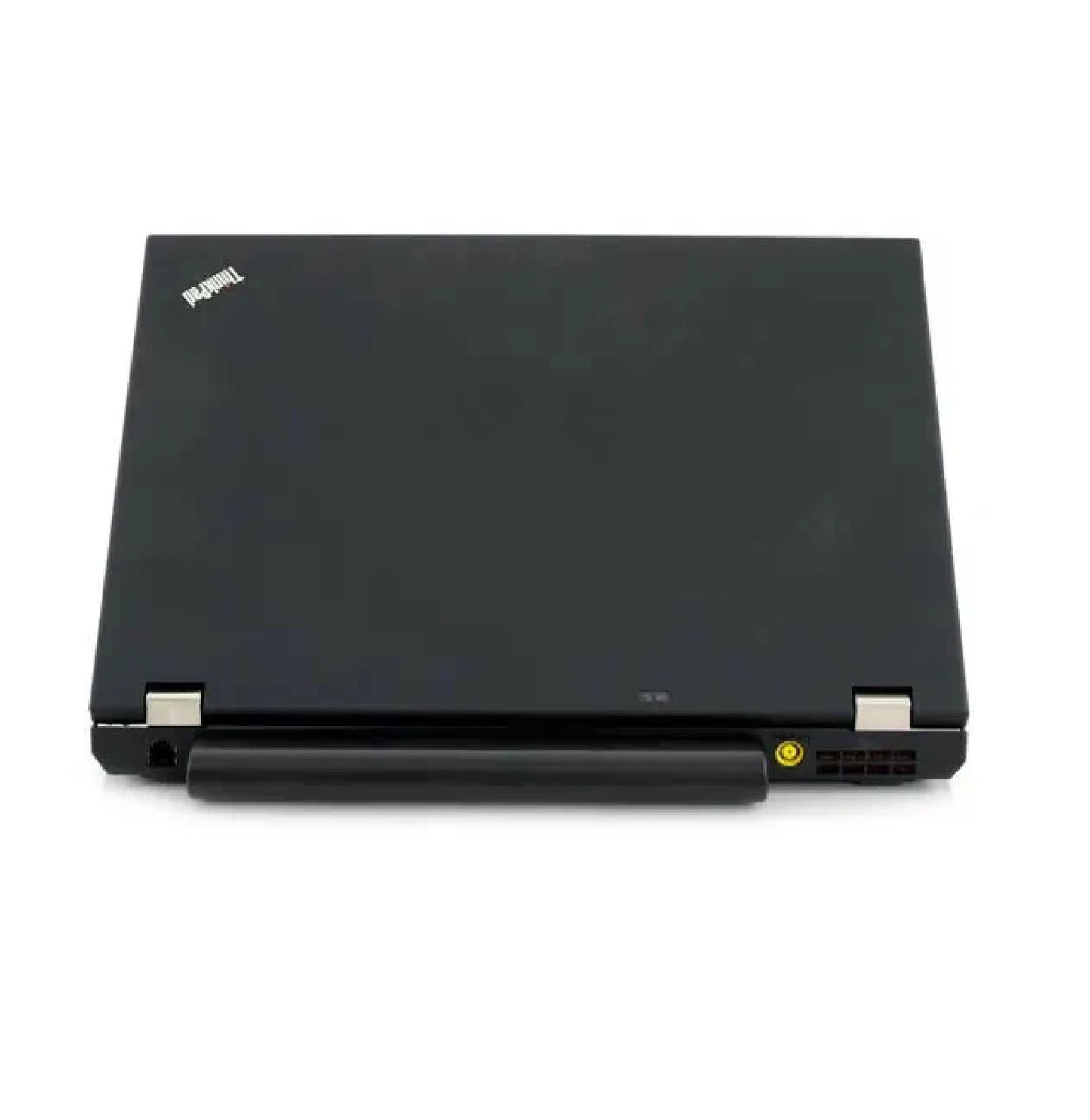 Top lid view of Lenovo ThinkPad T410 featuring matte black finish with ThinkPad logo and extended rear battery.- Rentopc