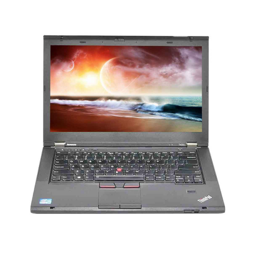 Lenovo ThinkPad T430s front view with 14-inch HD display powered on – Intel Core i3 business laptop with visible kryboard and touchpad.- Rentopc