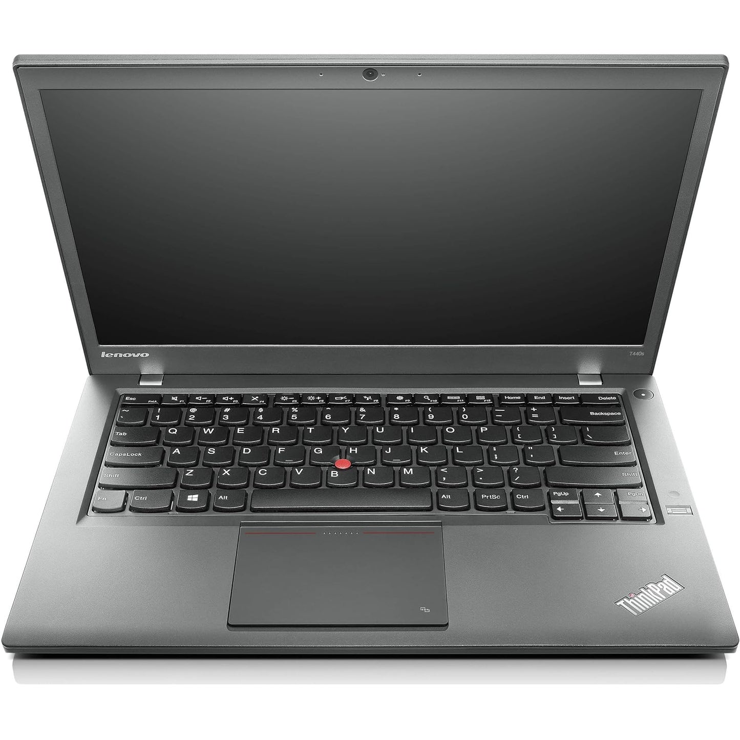 Front view of open Lenovo ThinkPad T440, highlighting 14-inch touchscreen display, keyboard, and touchpad.- Rentopc