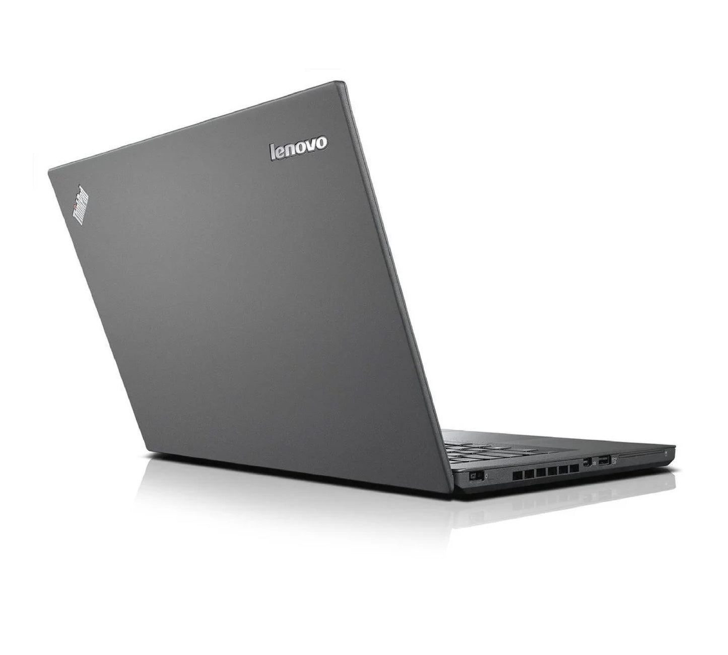 ThinkPad T440 laptop showing the matte black lid with Lenovo and ThinkPad logos, and side ports.- Rentopc