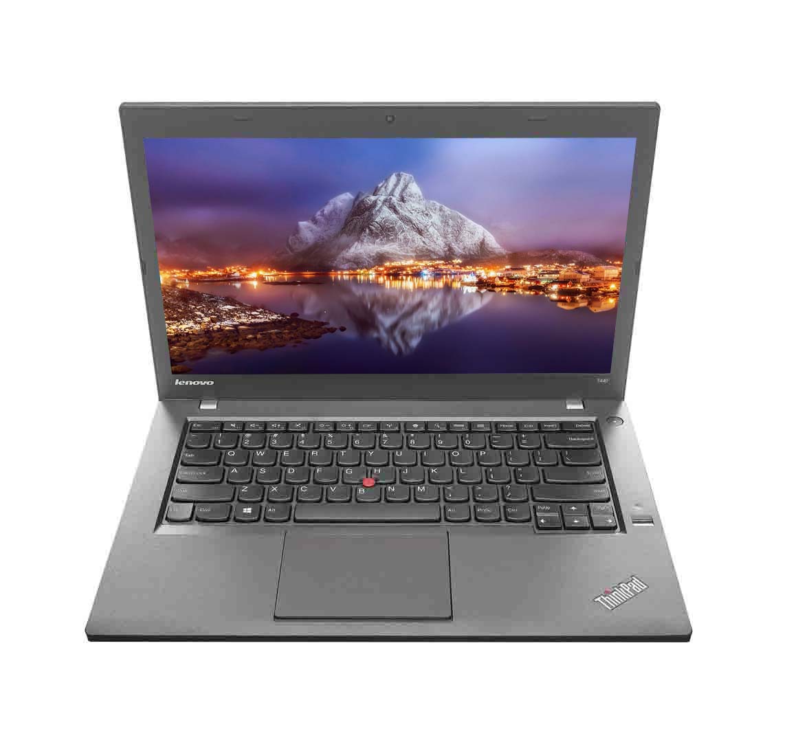 Top-front open view of Lenovo ThinkPad T440 14-inch touchscreen laptop showing display, keyboard, and touchpad.- Rentopc