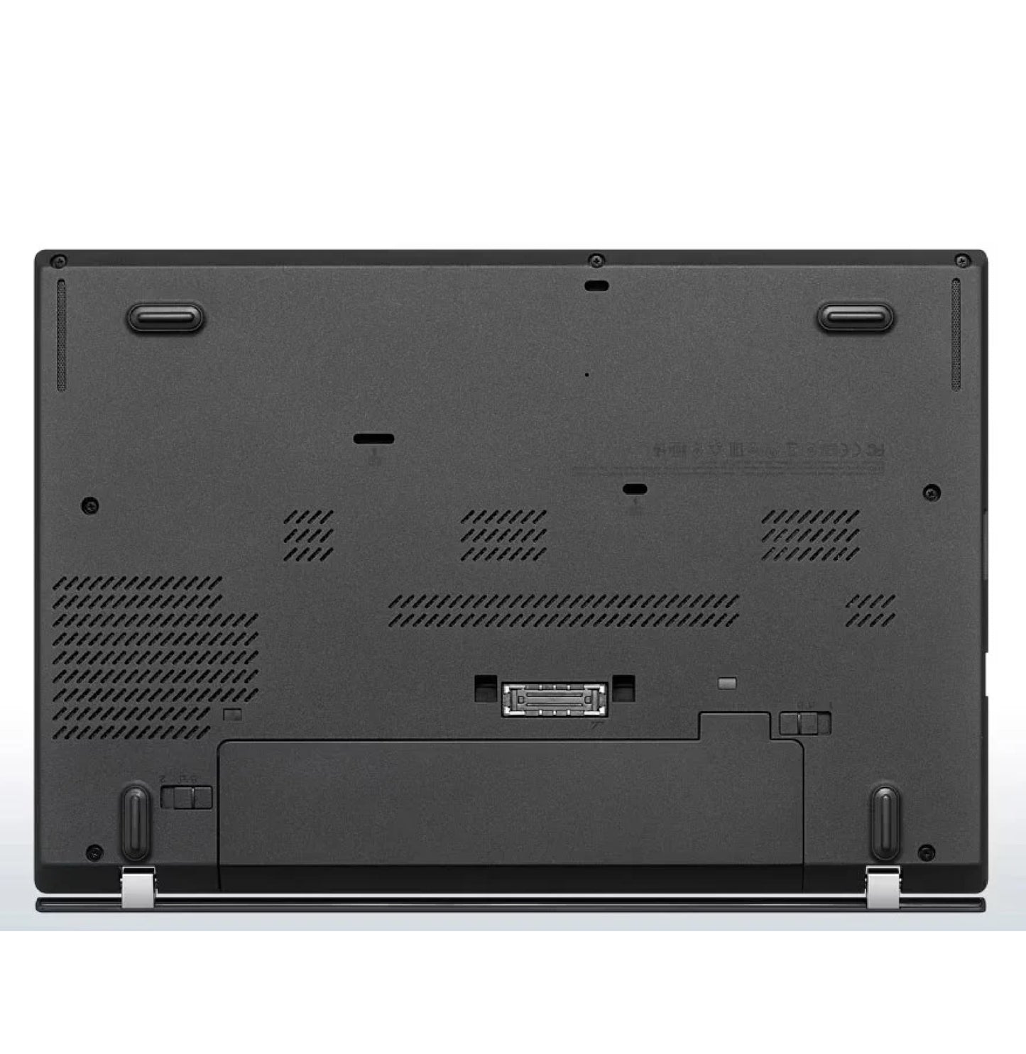 Underside of Lenovo ThinkPad T460 showing removable battery, air cooling vents, docking station connector, and speaker grilles.- Rentopc