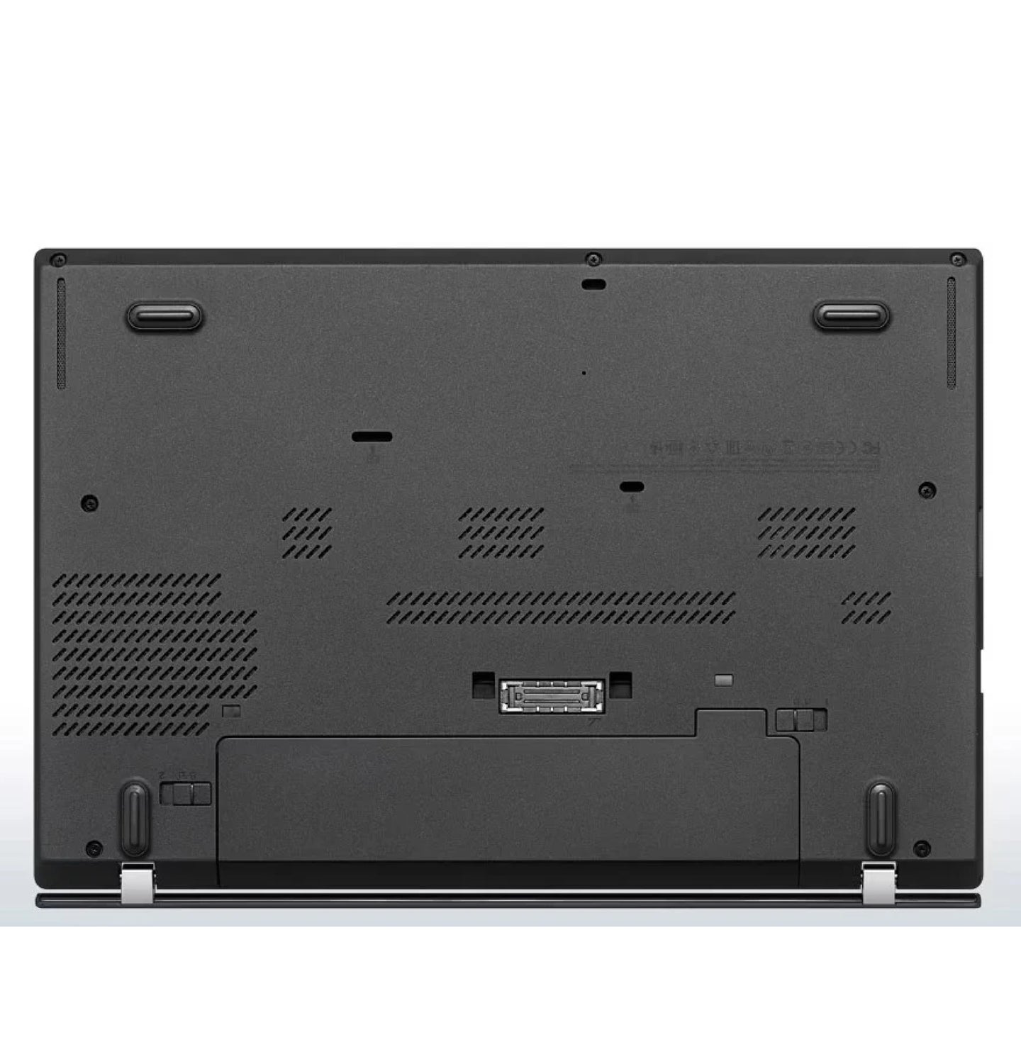 Underside of Lenovo ThinkPad T460 showing removable battery, air cooling vents, docking station connector, and speaker grilles.- Rentopc