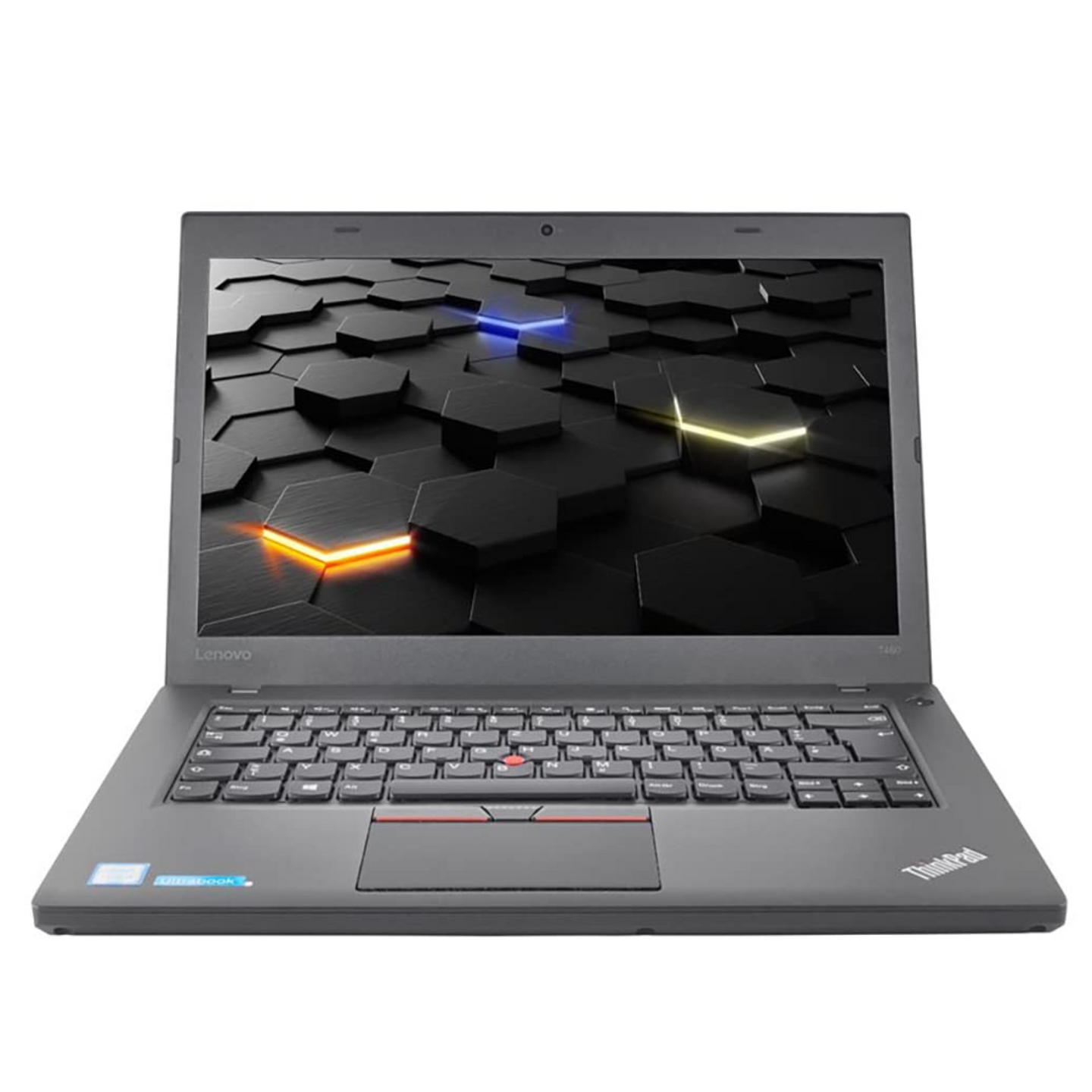 Lenovo ThinkPad T460 14-inch laptop front view showing display, keyboard and touchhpad.- Rentopc