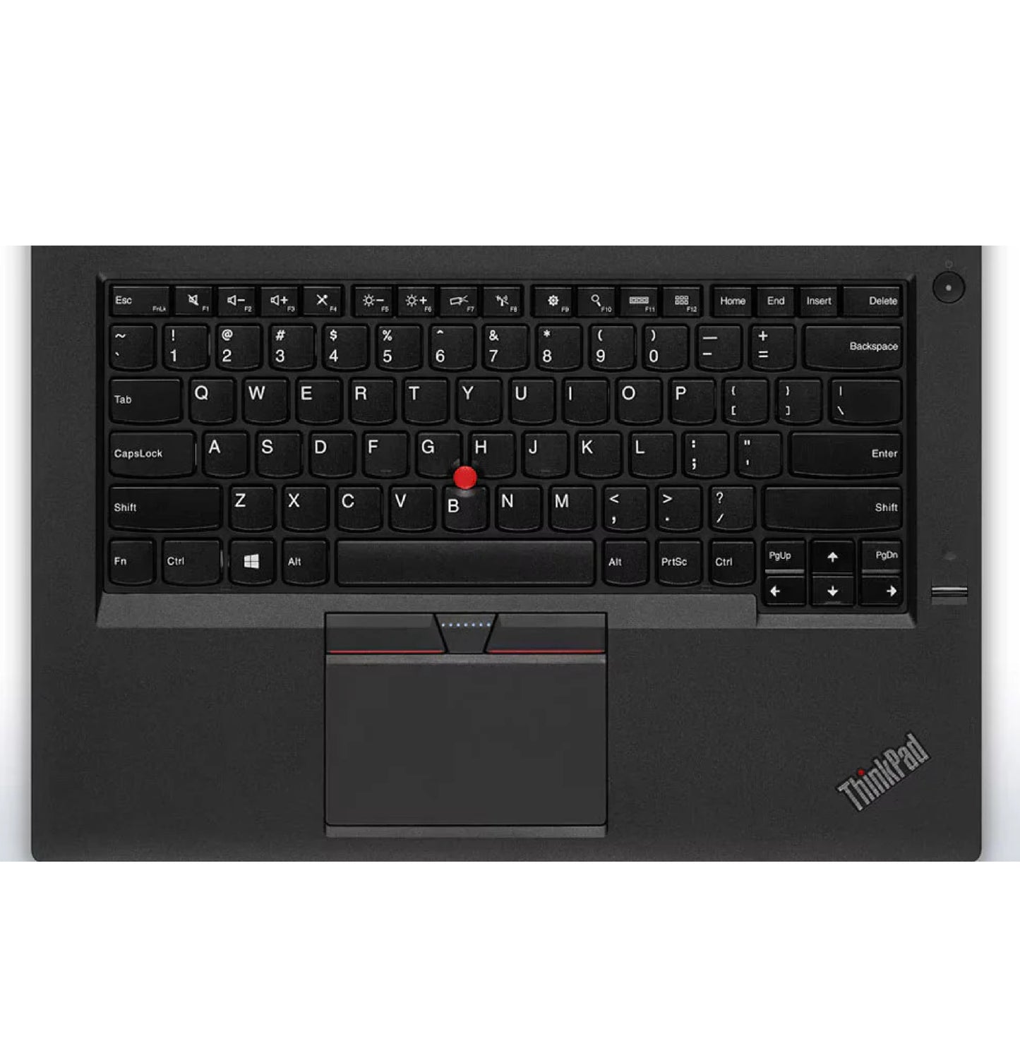 Lenovo ThinkPad T460 keyboard top view with red TrackPoint, ergonomic keys, large touchpad, and fingerprint reader.- Rentopc