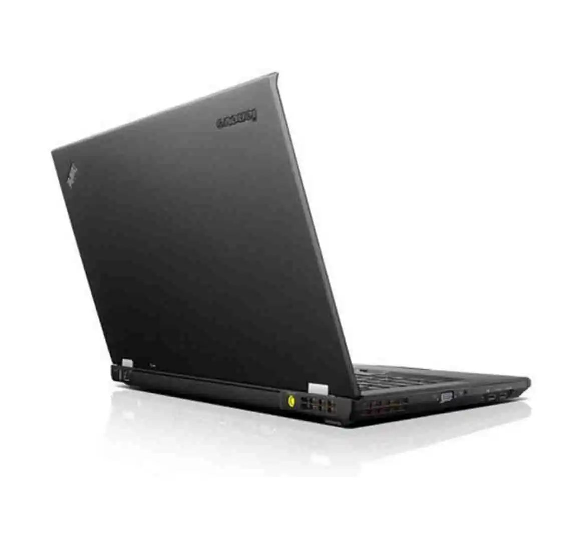 A black Lenovo ThinkPad laptop shown open at an angle on a clean white background with a subtle reflection underneath.