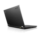 A black Lenovo ThinkPad laptop shown open at an angle on a clean white background with a subtle reflection underneath.