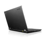 A black Lenovo ThinkPad laptop shown open at an angle on a clean white background with a subtle reflection underneath.