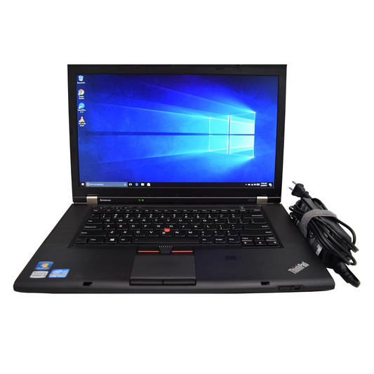 Lenovo ThinkPad W530 15.6-inch laptop with Intel Core i7 3740QM and 2GB Nvidia Quadro graphics, showing display, full-size keyboard, TrackPoint, and touchpad.- Rentopc