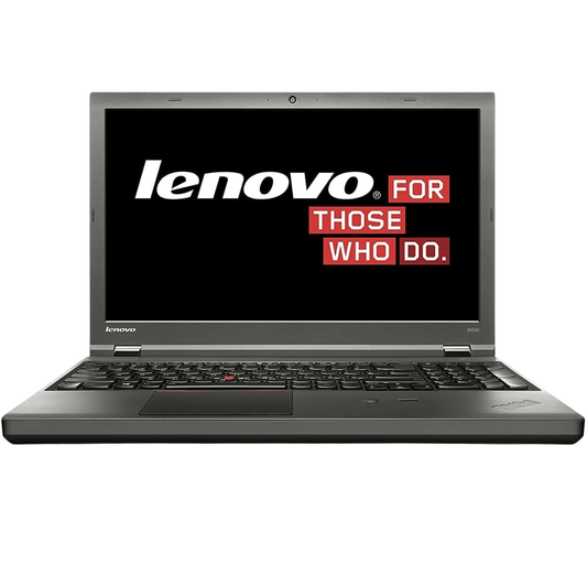 Lenovo ThinkPad W540 15.6 inch workstation laptop front angle open with Windows display, full-size keyboard, numeric keypad, and Nvidia Quadro graphics-. Rentopc