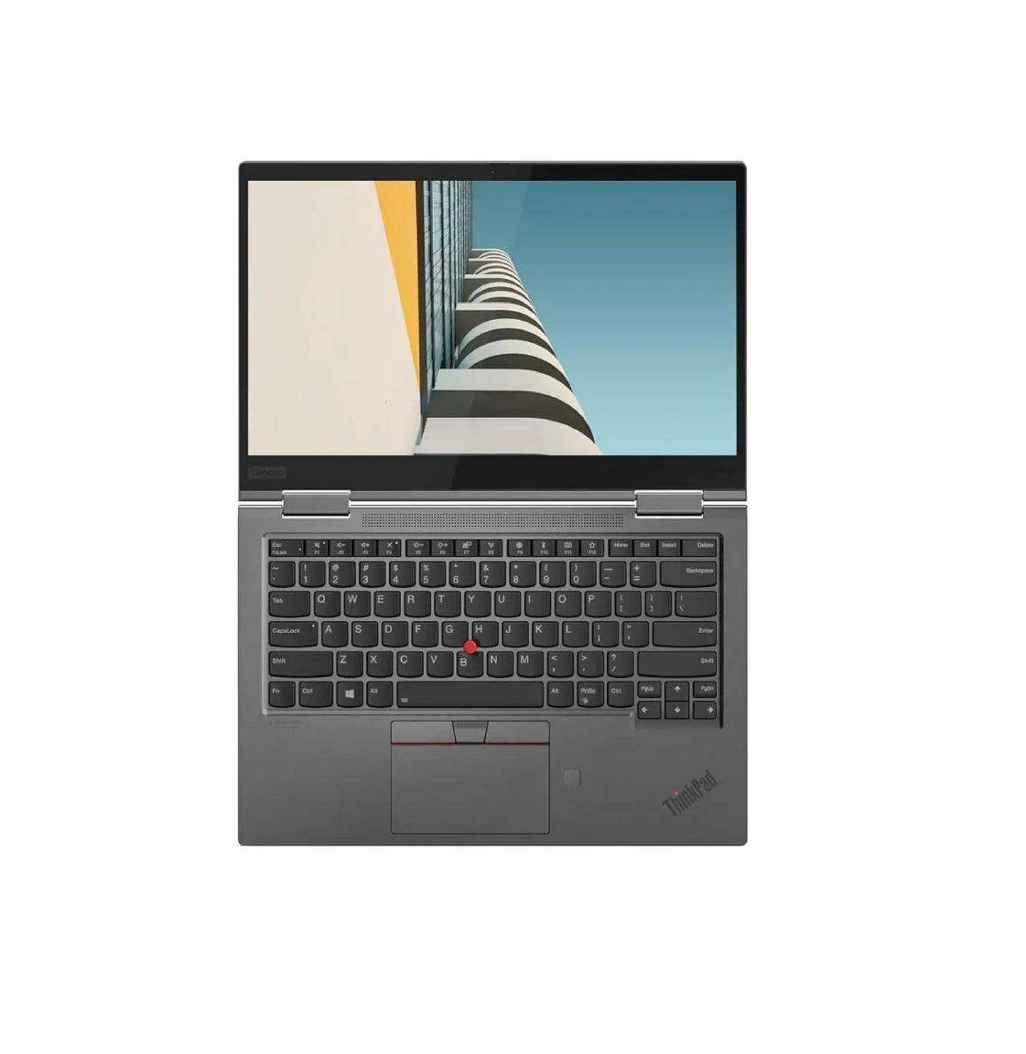 Top-down view of Lenovo ThinkPad X1 Carbon laptop with a 360-degree hinge, open flat to reveal a full keyboard and vibrant display.- Rentopc