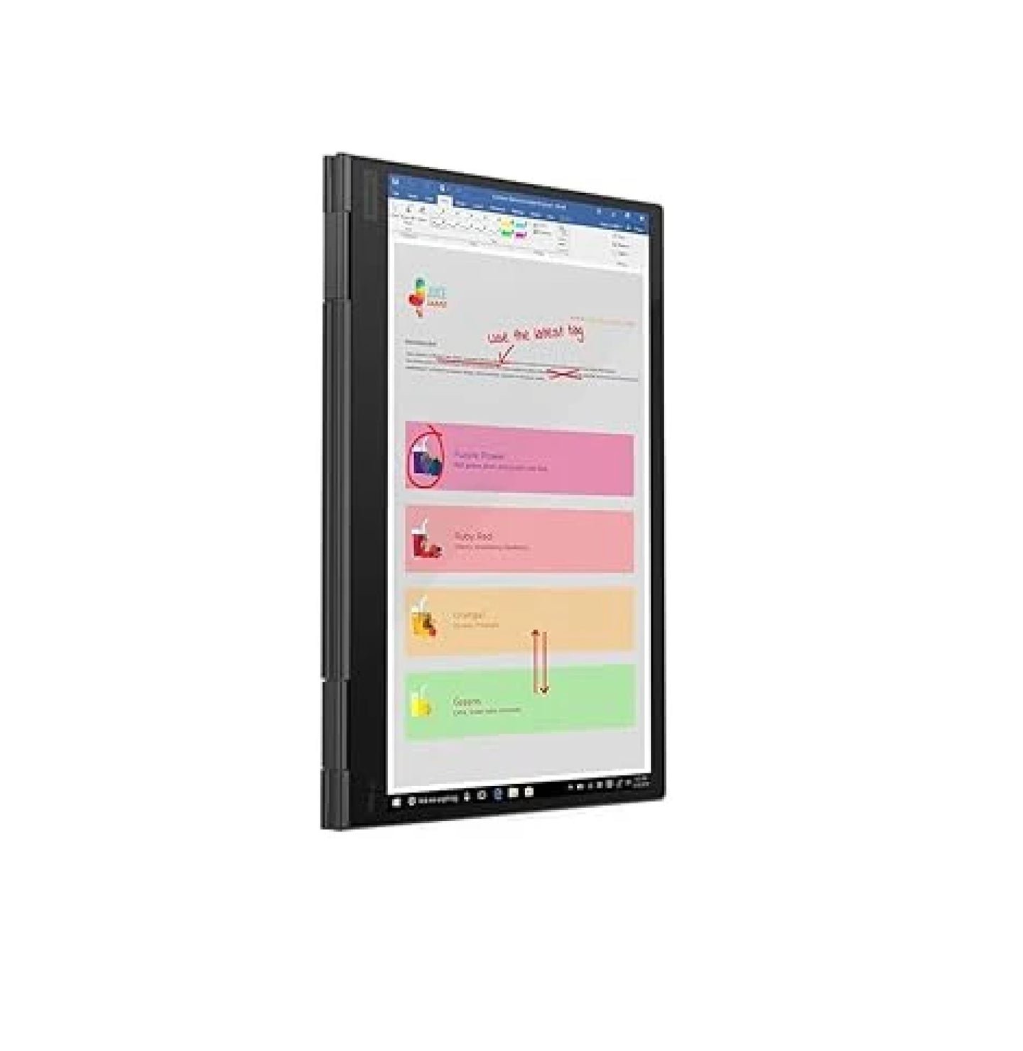 Side view of a Lenovo ThinkPad X1 Carbon laptop highlighting 360° 
laptop in vertical tablet mode..- Rentopc