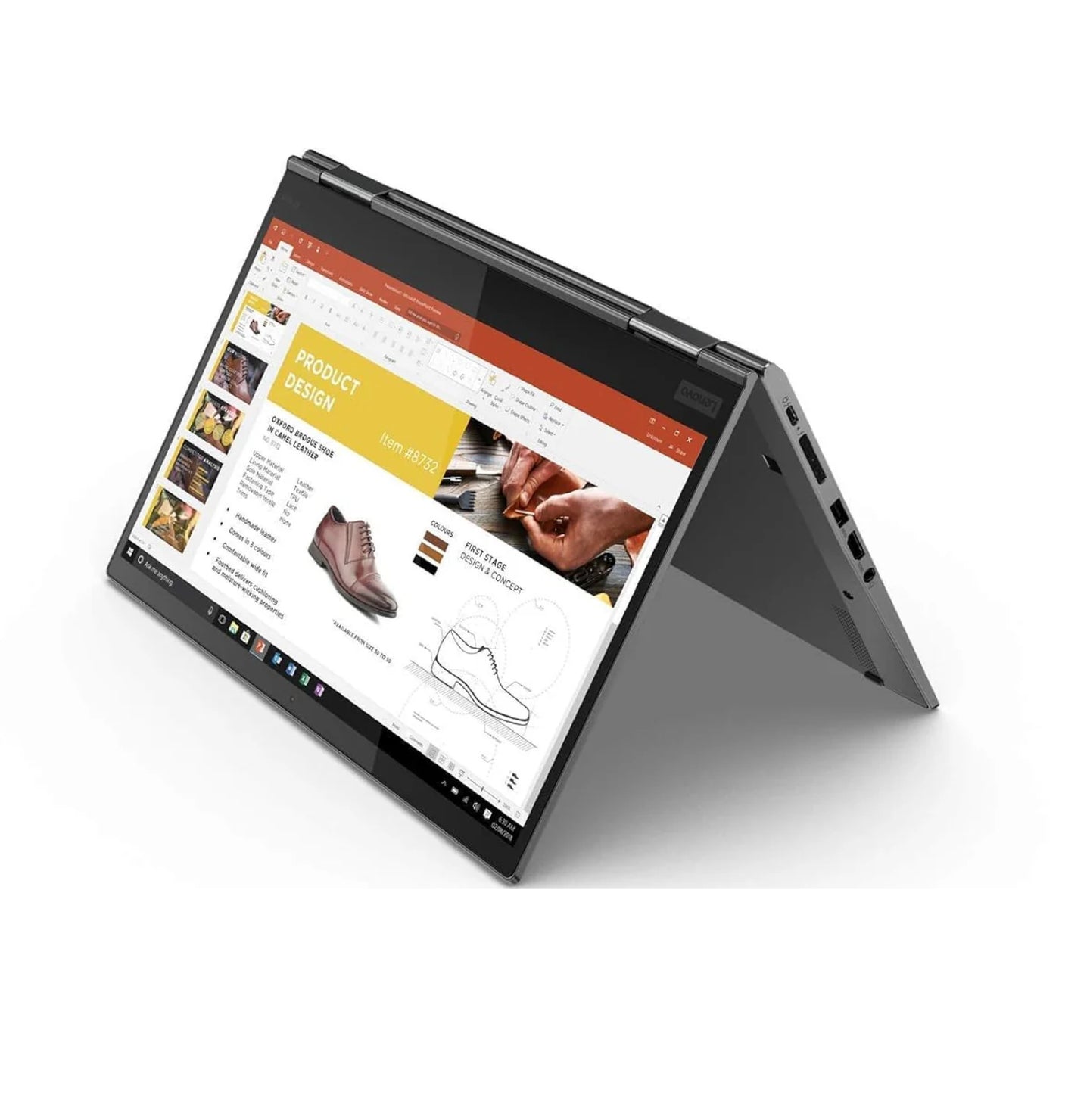 Lenovo ThinkPad X1 Carbon laptop in tent mode displaying with visible side ports including two USB-A ports, an HDMI port, a USB-C port, and a headphone jack on the right edge.- Rentopc