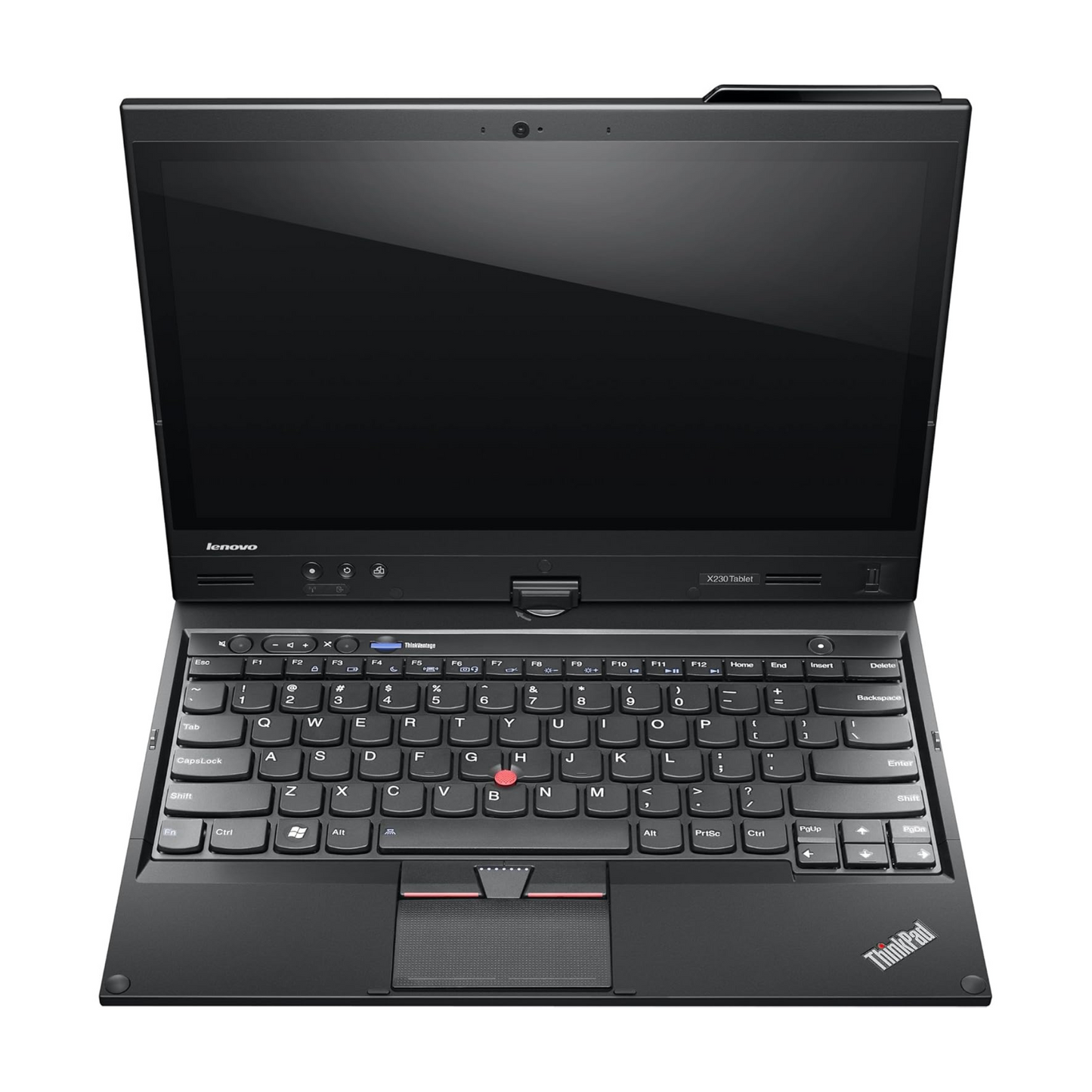 Front open view of Lenovo ThinkPad X230 12.5-inch 2-in-1 laptop/tablet showing screen, keyboard, and touchpad.- Rentopc