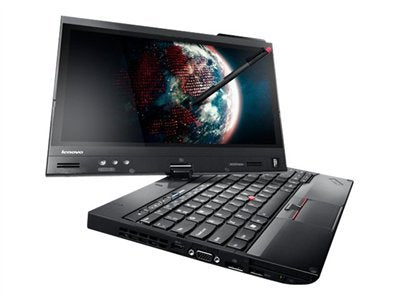 Lenovo ThinkPad X230 convertible tablet mode with touchscreen folded over keyboard and showing left side ports.- Rentopc