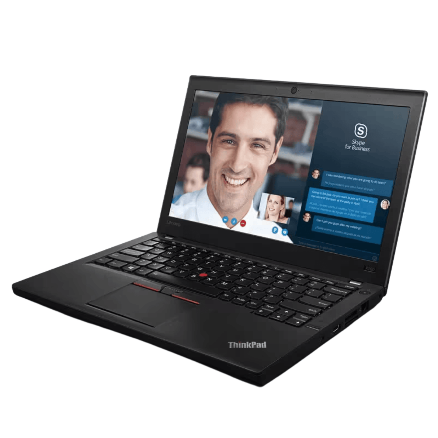 Lenovo ThinkPad X260 laptop angled front view showing 12.5 inch display with webcam, keyboard, trackpoint, and touchpad.- Rentopc