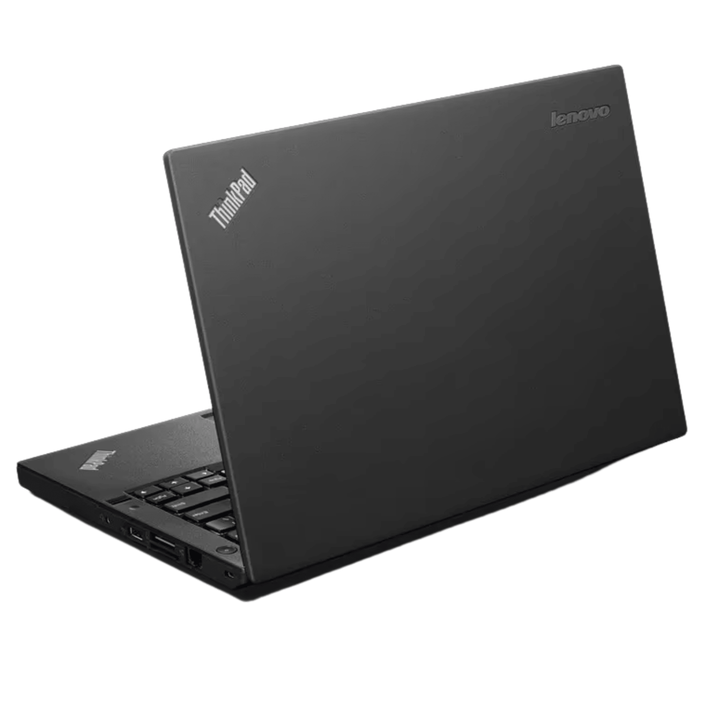 Lenovo ThinkPad X260 back side view showing black matte lid, ThinkPad and Lenovo logos, USB ports, and partial keyboard.- Rentopc