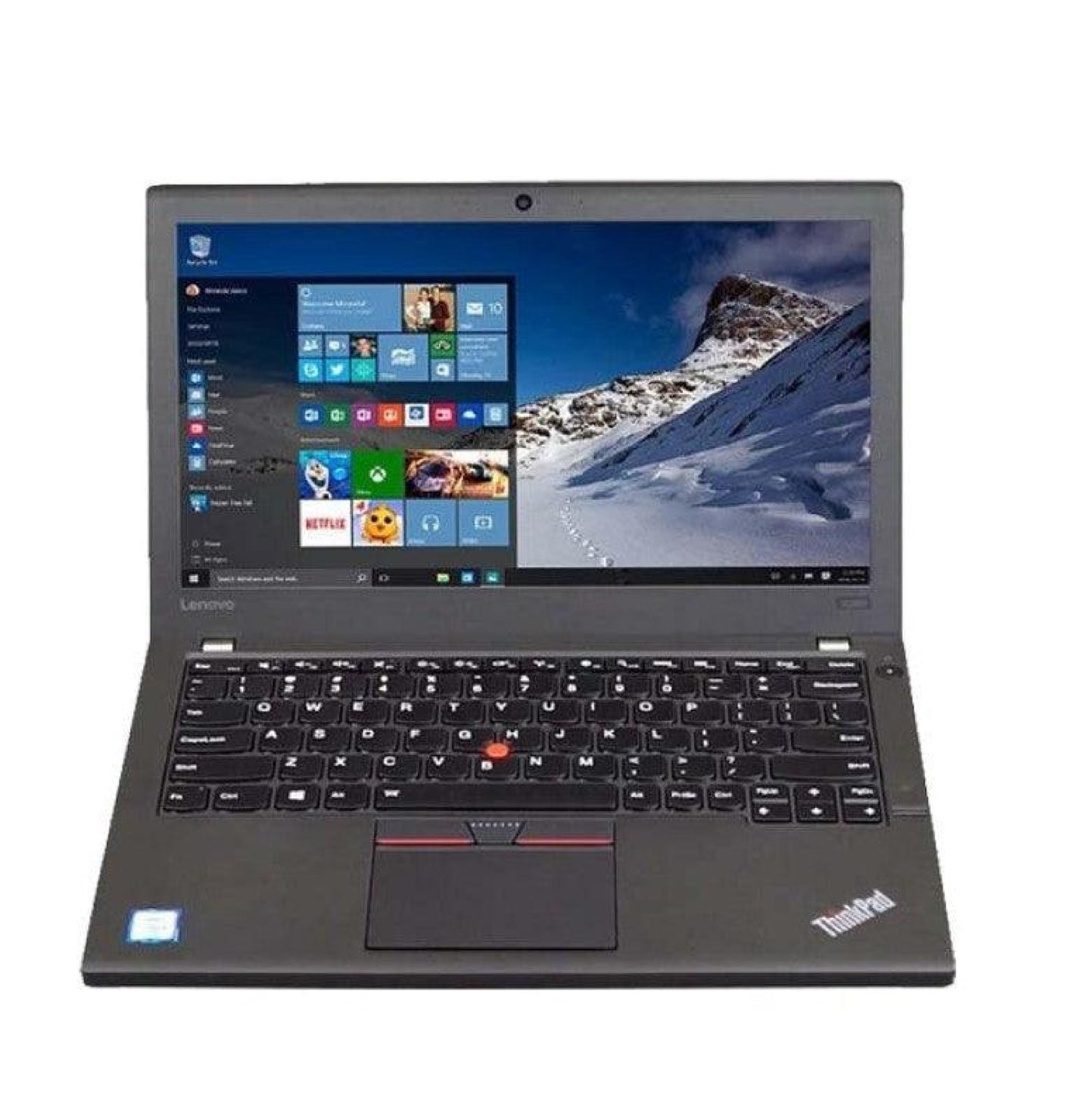 Front view of Lenovo ThinkPad X260 12.5-inch laptop with open display showing HD screen, chiclet keyboard, red TrackPoint, and touchpad.- Rentopc