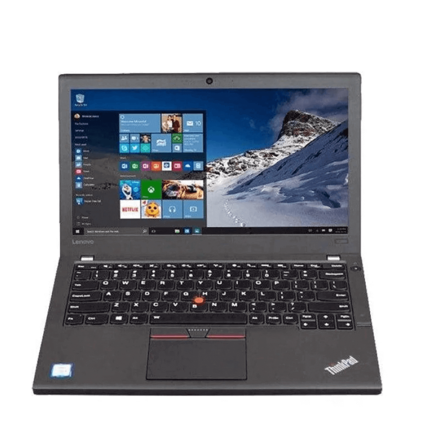 Front view of Lenovo ThinkPad X260 12.5-inch laptop with open display showing HD screen, chiclet keyboard, red TrackPoint, and touchpad.- Rentopc
