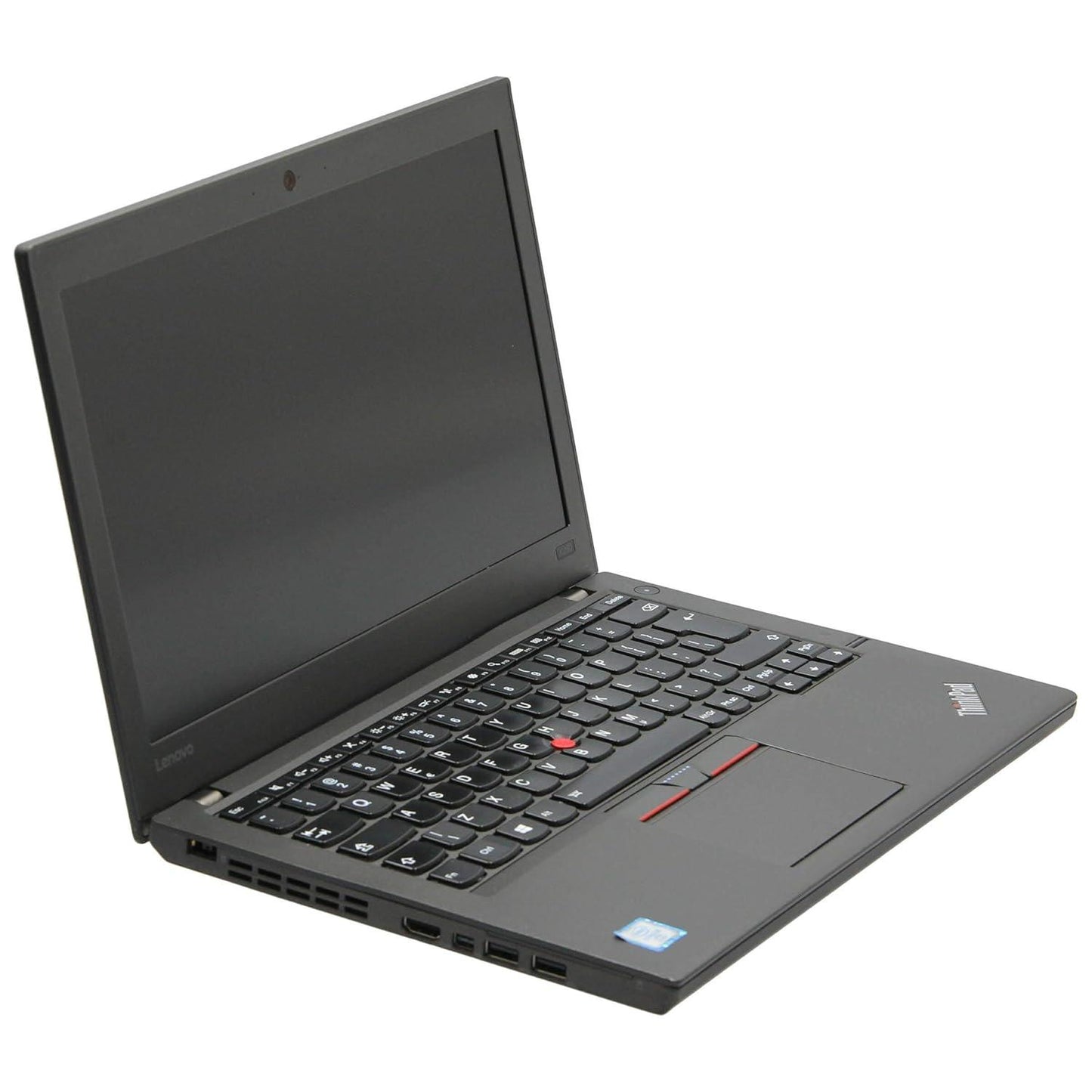 Lenovo ThinkPad X260 left side angle showing 12.5-inch display, webcam, TrackPoint keyboard, touchpad, USB ports, HDMI port, and air vents.- Rentopc