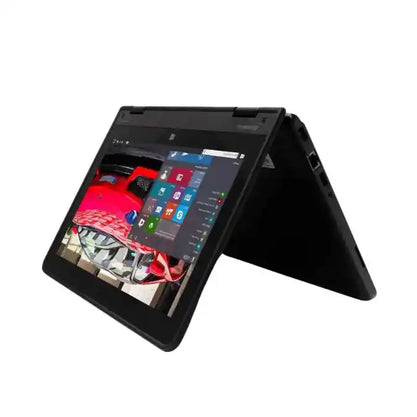 Black convertible tablet with Windows operating system displayed on the screen