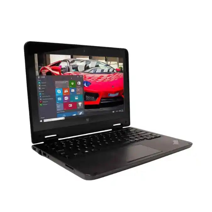 Black laptop with a screen displaying a red car on a white background