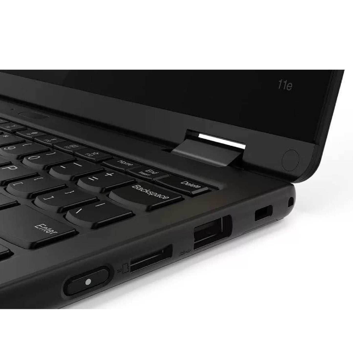 Lenovo ThinkPad Yoga 11E 7th Gen right side close-up showing power button, SD card reader, USB port, and security lock slot.- Rentopc

