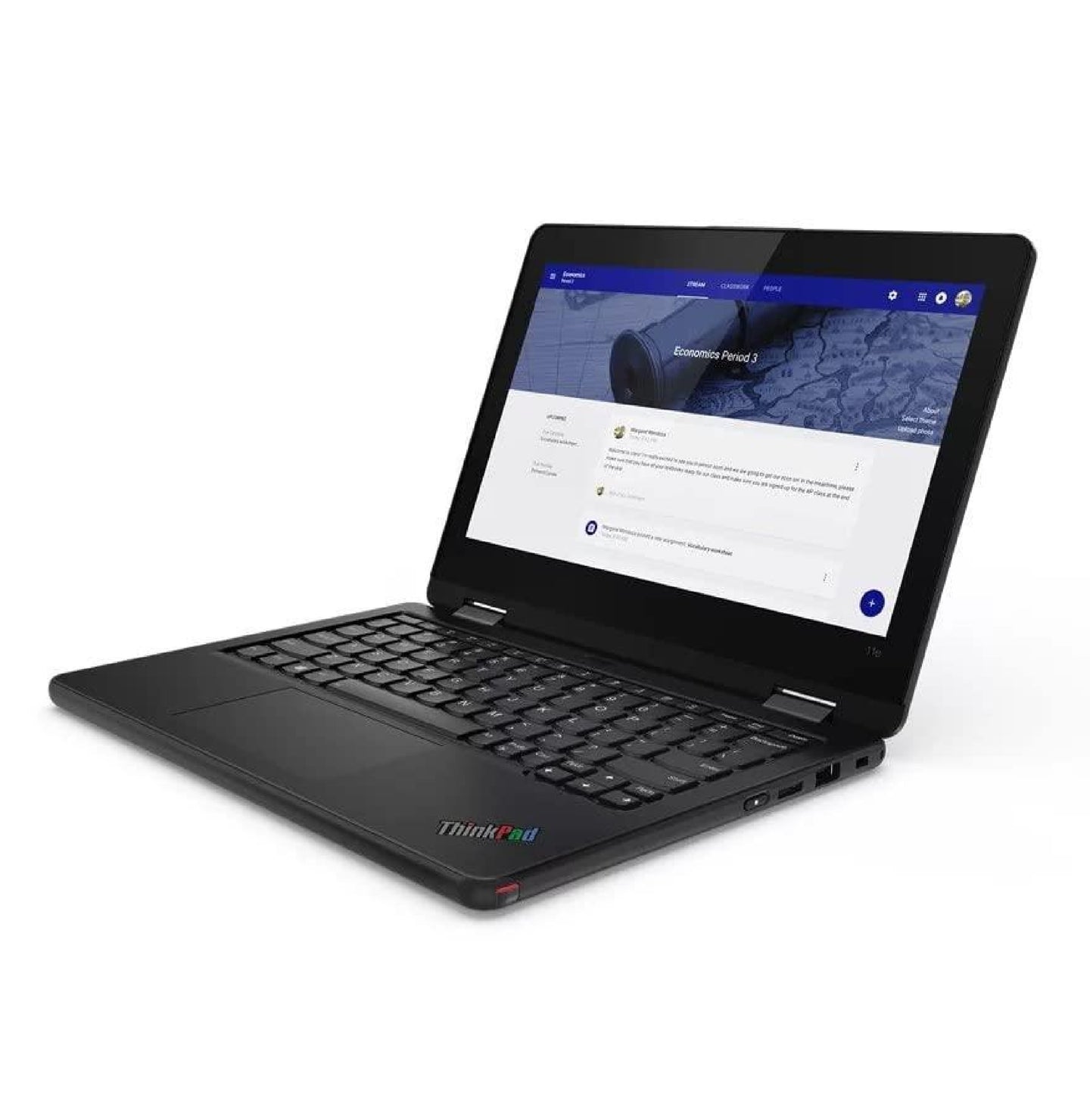 Lenovo Yoga 11E 7th Gen right side view with USB port, SD card reader, volume buttons, and Kensington lock slot.- Rentopc