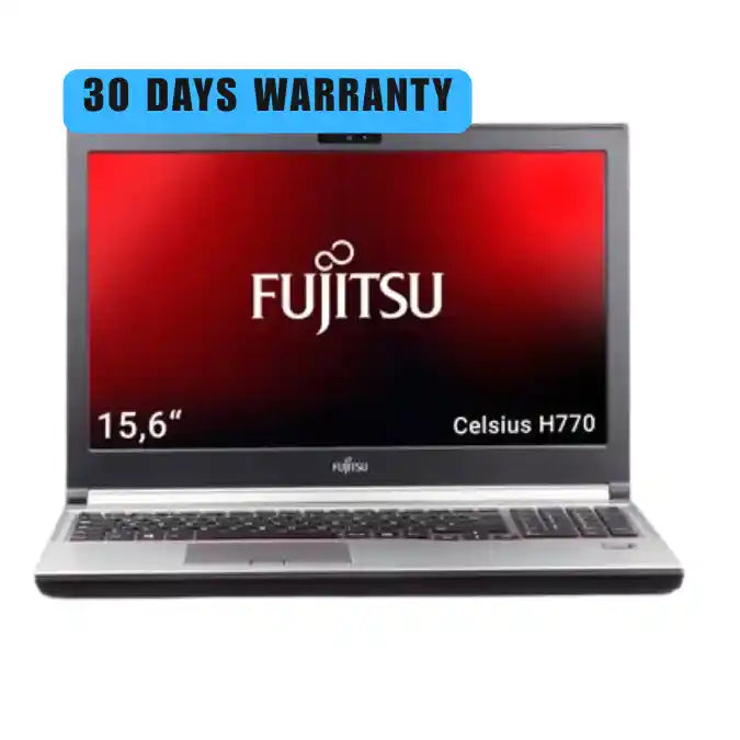 Fujitsu laptop with a 30-day warranty on a white background