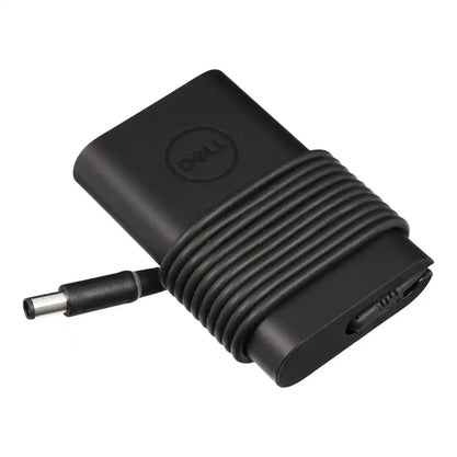 Black Dell laptop charger on a white background