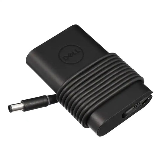Black Dell laptop charger on a white background