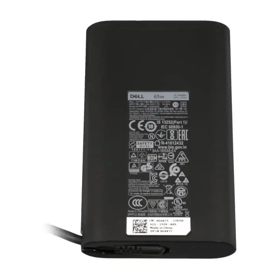 Black Dell power adapter on a white background