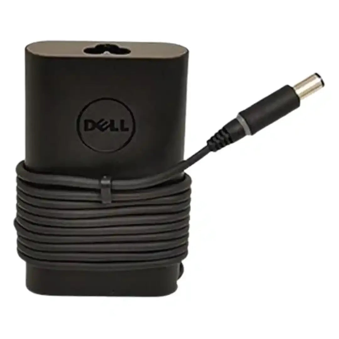 Dell laptop adapter with coiled cable on a white background